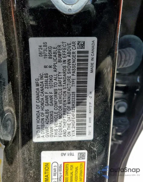 2025 Honda Civic Sport из США, поврежденный, VIN 2HGFE4F82SH303328